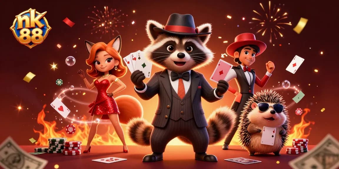 Experience excitement with nk 88 as the raccoon plays a royal flush at a vibrant casino scene.