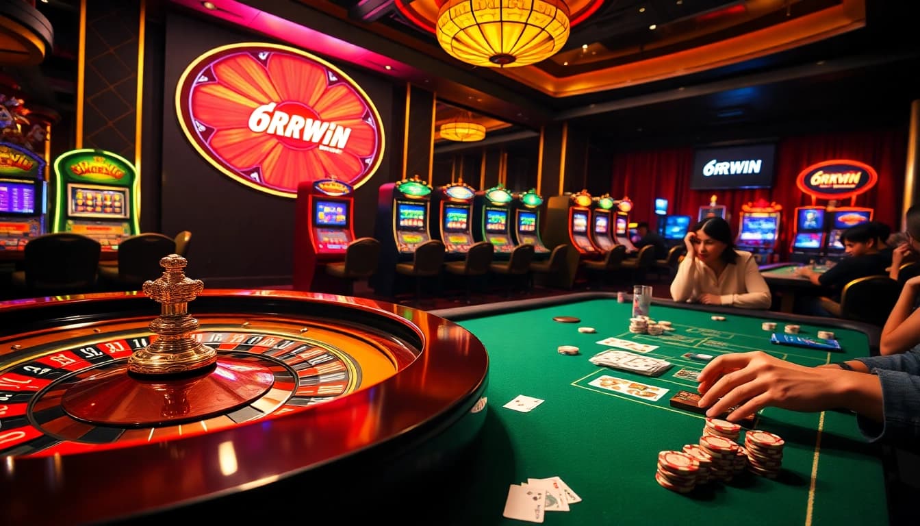 Experience the excitement of 6RWIN at a glamorous casino with roulette, poker, and vibrant slot machines.