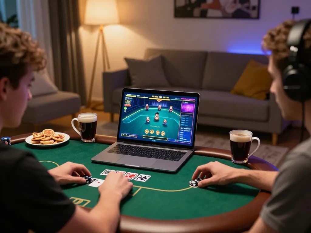 Person playing poker online at home with XX88 gaming interface displayed, showcasing strategic gameplay and comfort.
