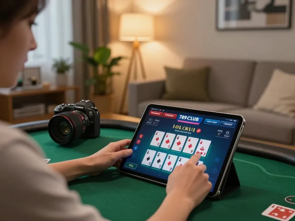 Engaged player enjoying the 789CLUB poker game on tablet in a cozy living room
