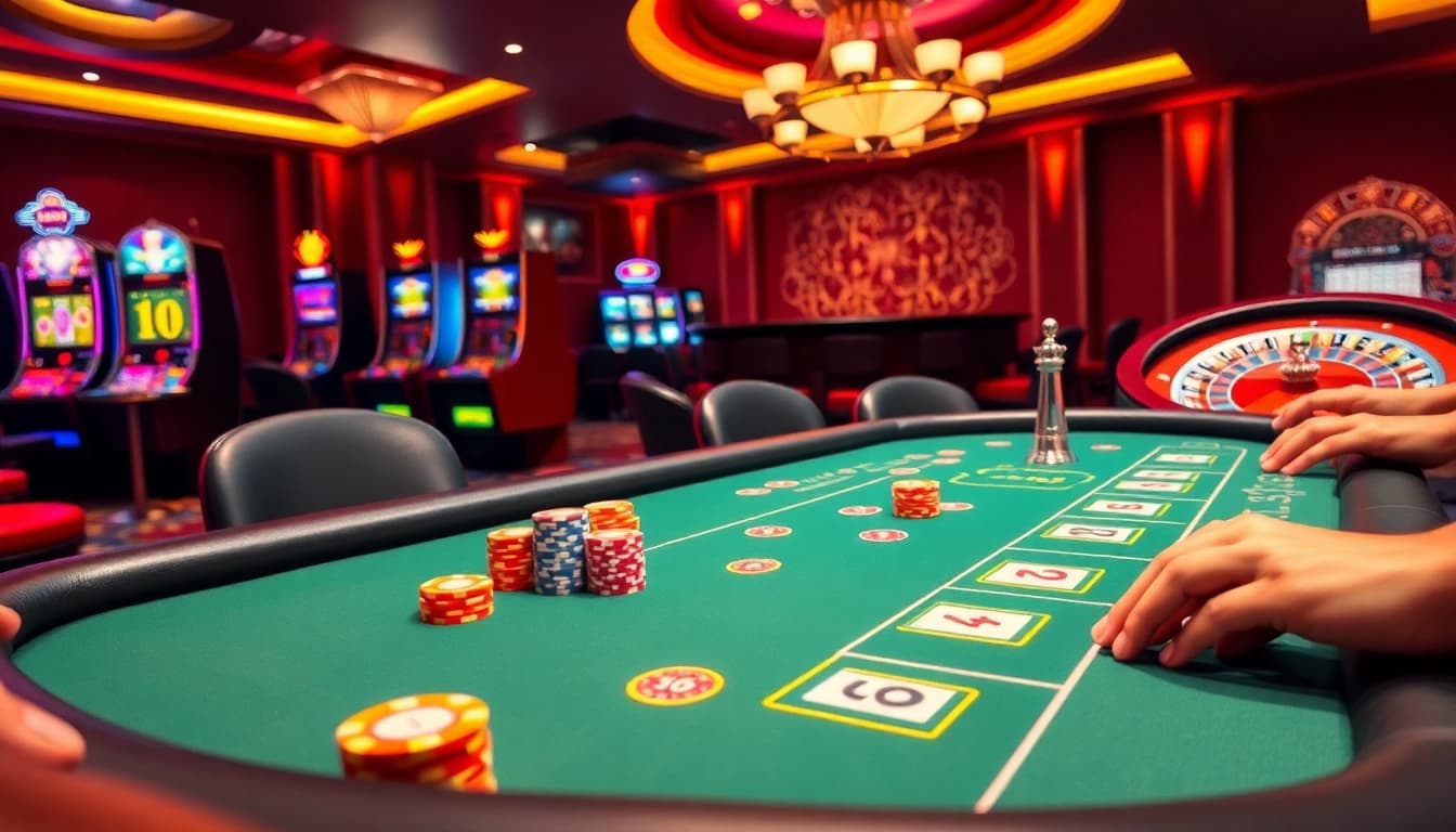 Exciting gameplay at F8 BET casino with vibrant poker chips and glowing slot machines.