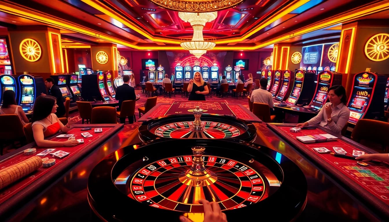 Crowd enjoying vibrant casino fun at https://2haywin.art/, with roulette wheel and colorful chips.