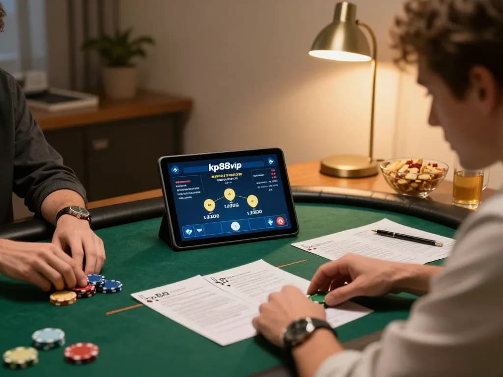 Player engaging in live online poker at kp88vip, focused on tablet with strategy notes and snacks nearby