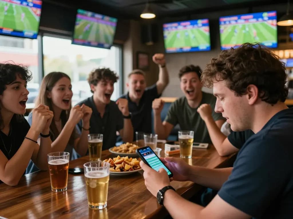 Exciting scene of patrons engaging in VB88 SPORT betting at a lively bar, showing betting app on smartphone and viewers cheering.