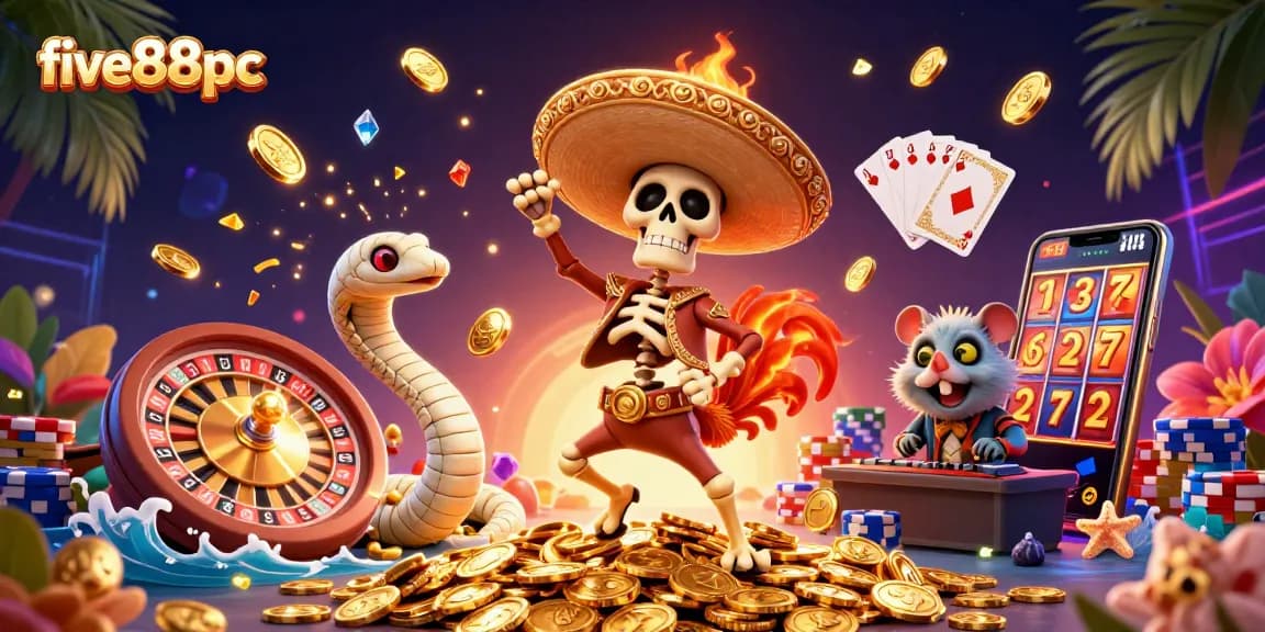 Experience the excitement at five88pc with a dynamic party scene featuring a dancing skeleton rooster and a DJ hamster.
