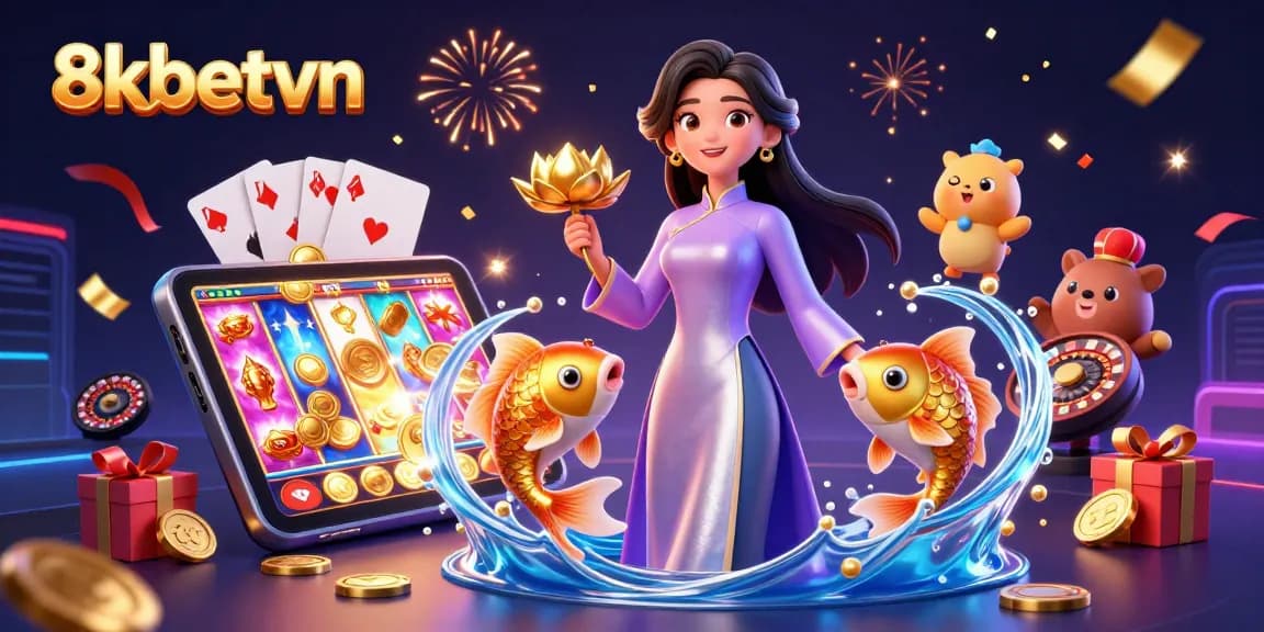 Experience thrilling gaming at 8kbetvn with this vibrant casino illustration showcasing various gaming elements.