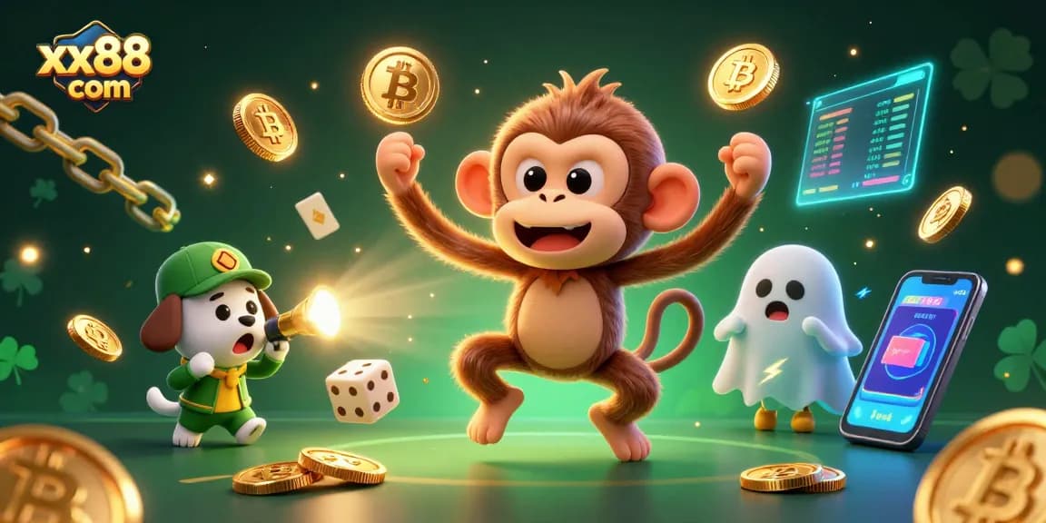 Experience the immersive gaming at xx88 com with a lively scene featuring a mischievous poltergeist monkey and ghost-hunter puppy in a dynamic casino.