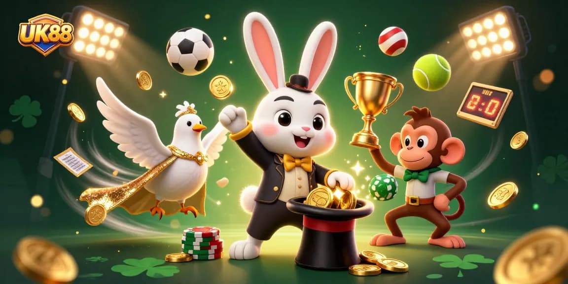 Engage with UK88 as a magician rabbit and monkey create a lively casino atmosphere.