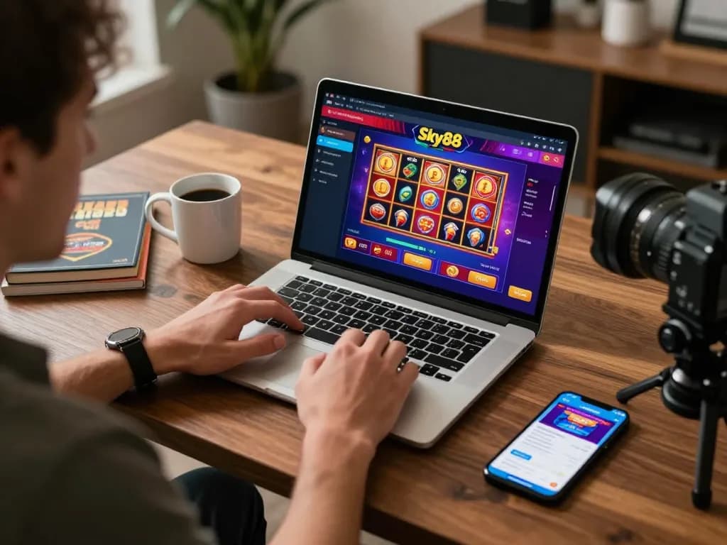 Engaging in online gambling at Sky88 with vibrant casino games displayed on a laptop