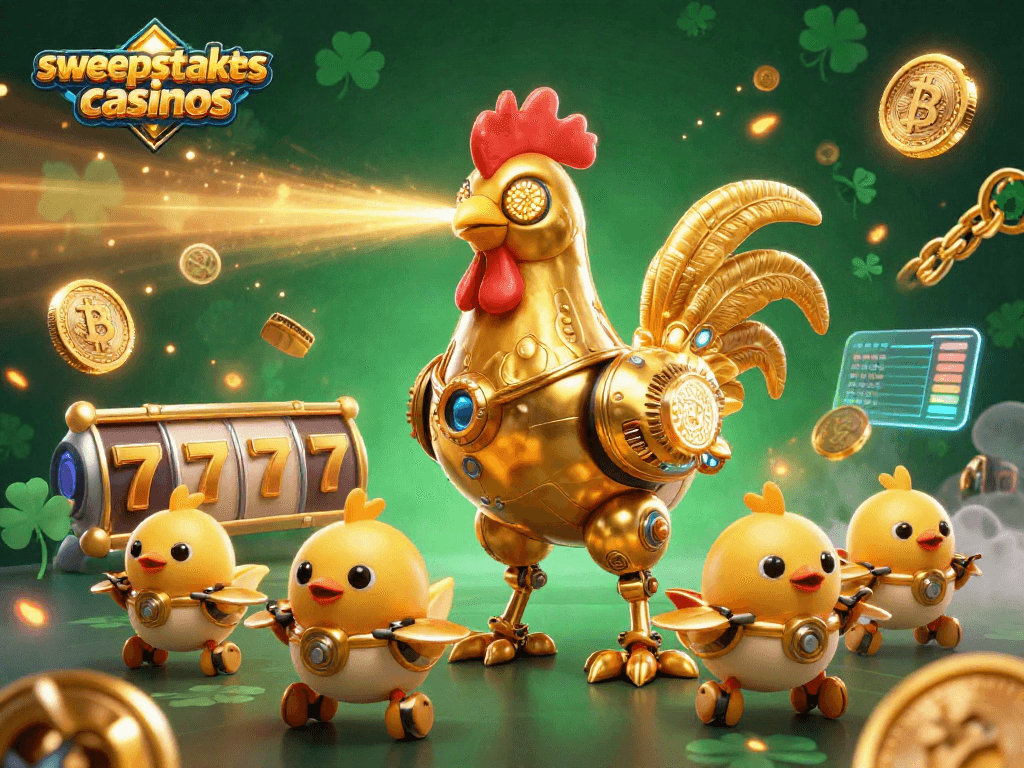 Sweepstakes casinos feature vibrant 3D animation of a golden rooster robot and baby chick drones amidst gaming elements.