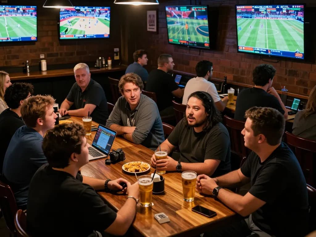 LUCKY88 players engaging in lively sports betting with multiple screens showing games