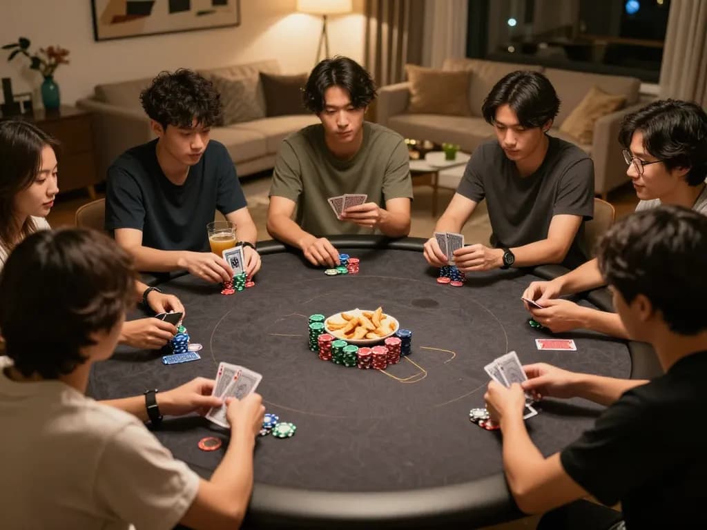 Engaged players enjoying poker night at home, showcasing strategic gambling with TG88 atmosphere