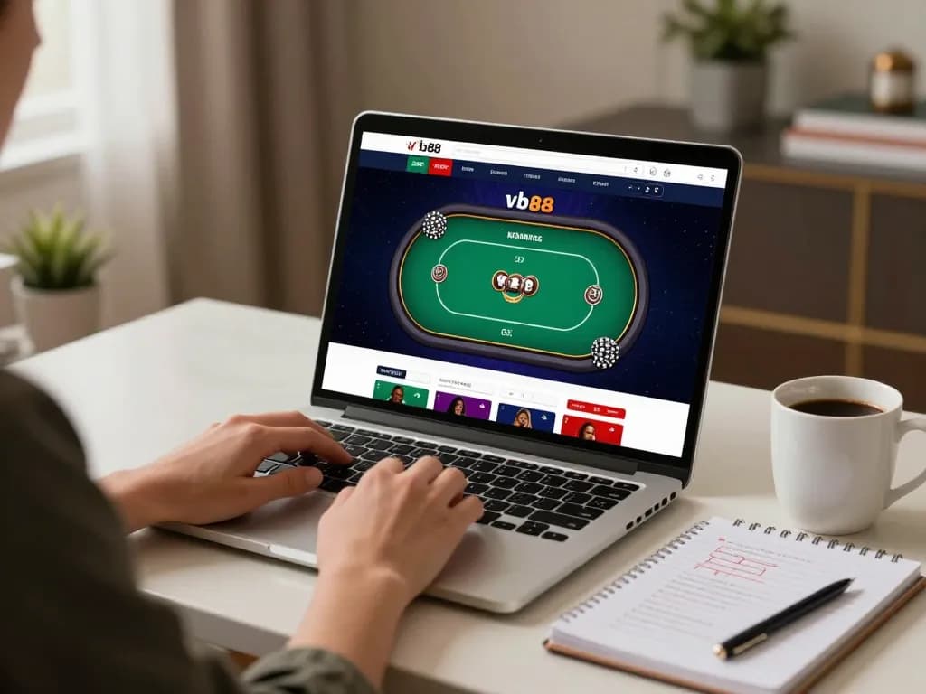 Person enjoying vb88 poker game on a laptop with betting strategies in a cozy home setting.
