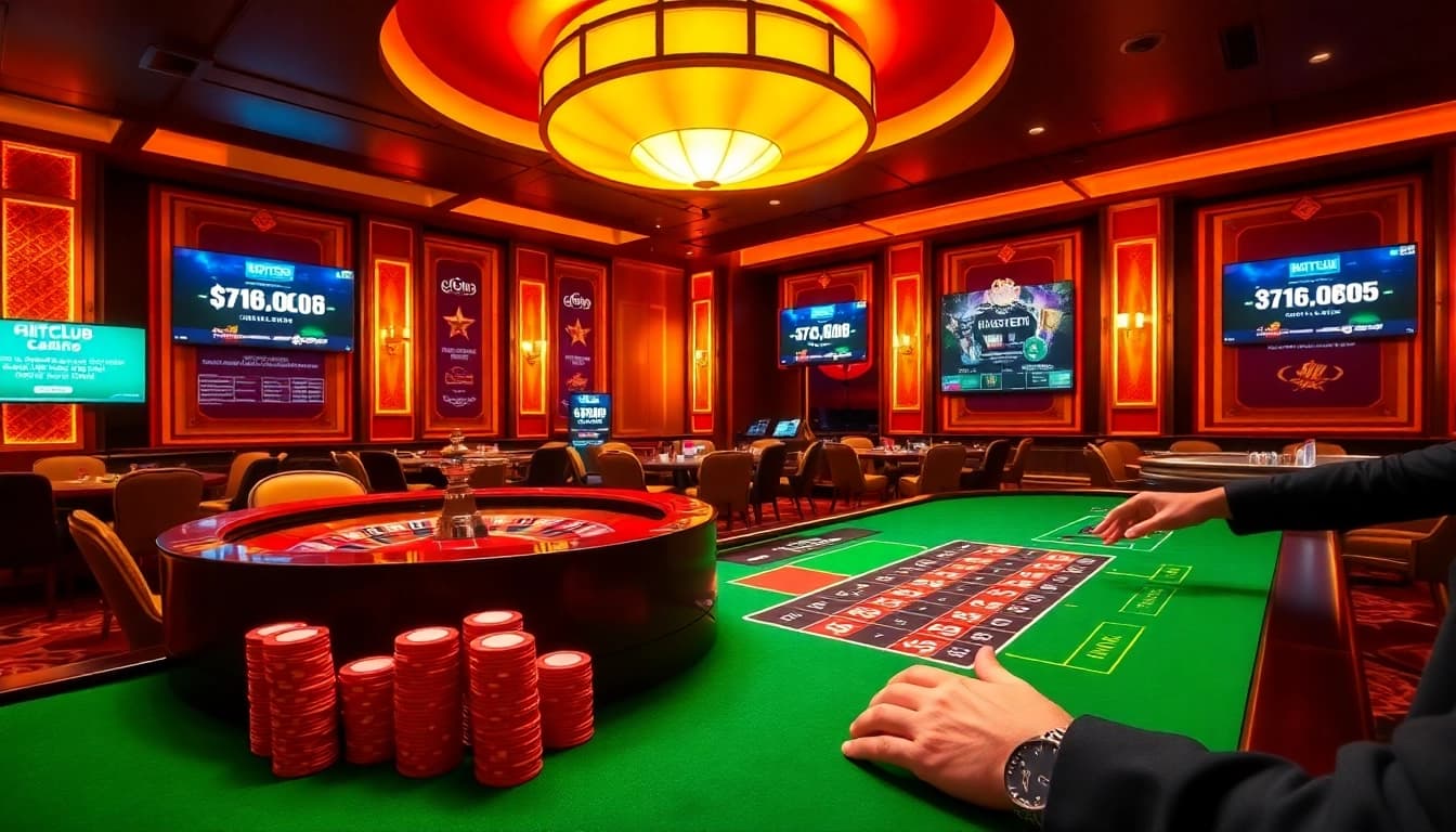 Hitclub players placing bets at a captivating casino table with vibrant colors.