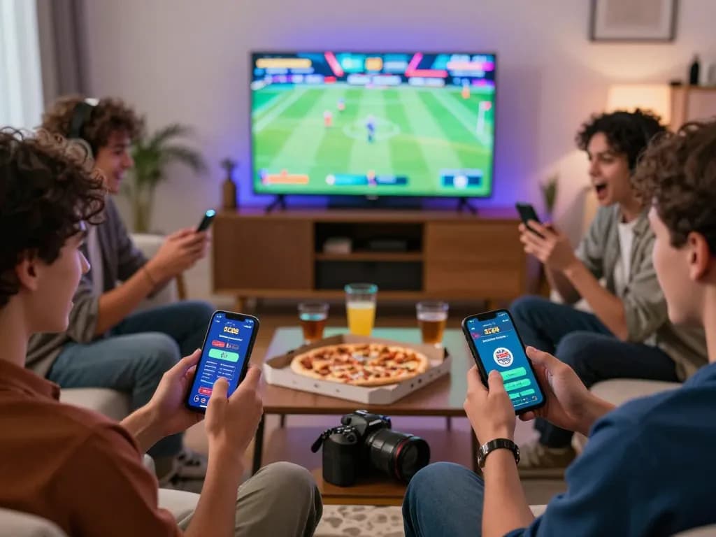 Friends engaging in online gambling with SC88 app in a lively living room setting filled with excitement and camaraderie.