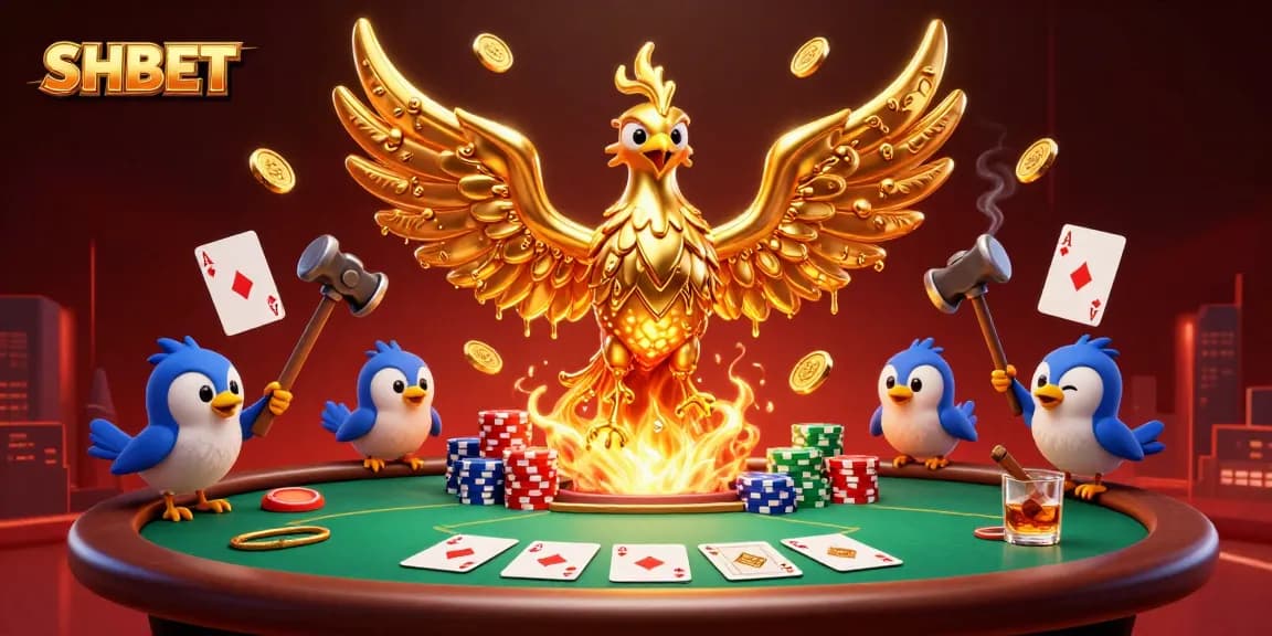 Engage with SHBET’s vibrant poker scene featuring a golden phoenix and dynamic elements.