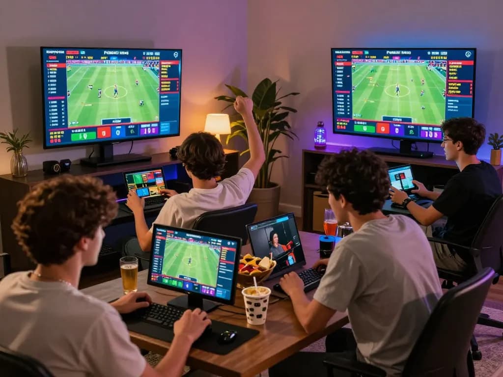 Players engaging with kèo nhà cái fb88 on their devices in a lively home atmosphere