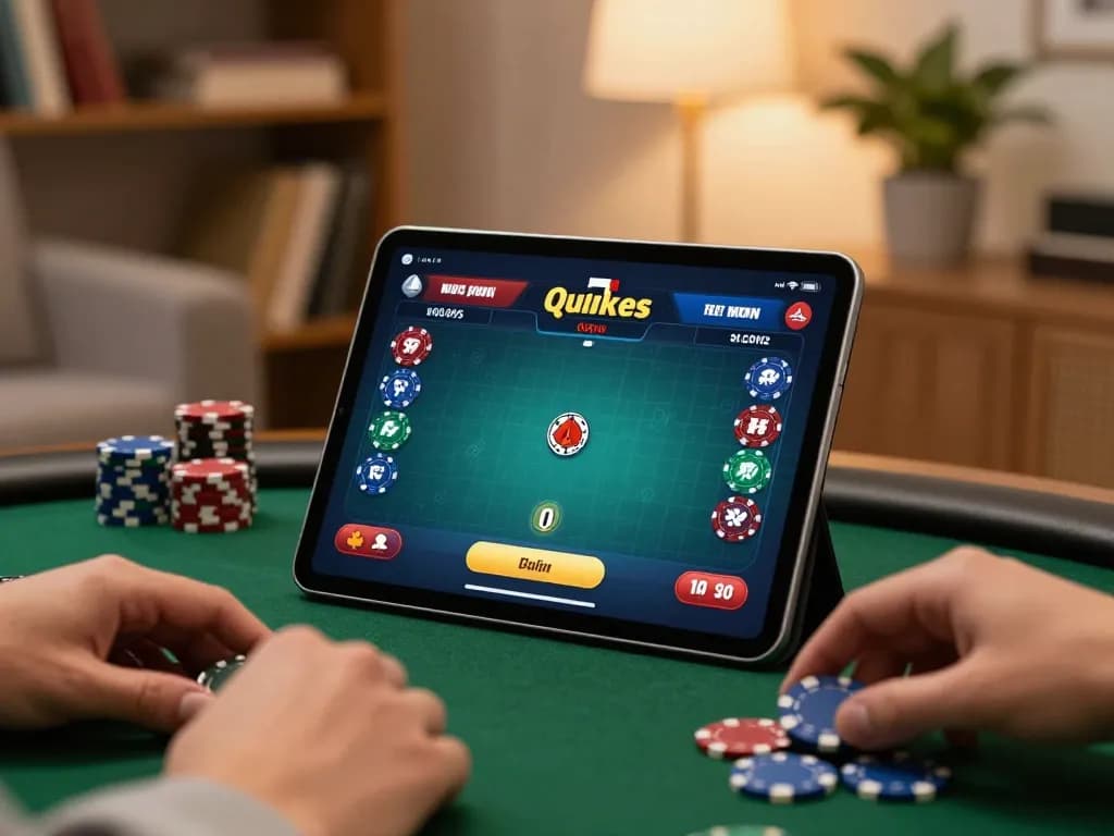TOP88 poker game in a cozy home setting, showcasing hands engaged in gameplay.