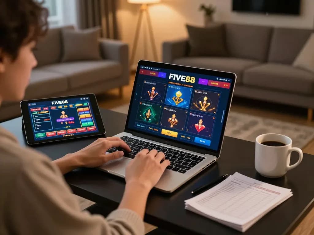 Engaging in online gambling with FIVE88 on a laptop, showcasing a focused gaming setup.