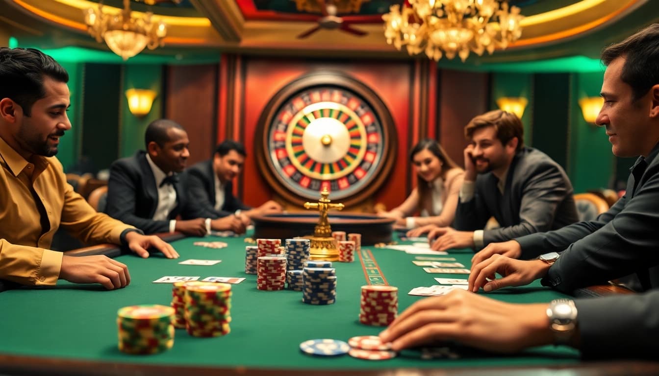 Players strategizing in a high-stakes poker game at 32win casino, showcasing luxury and excitement.