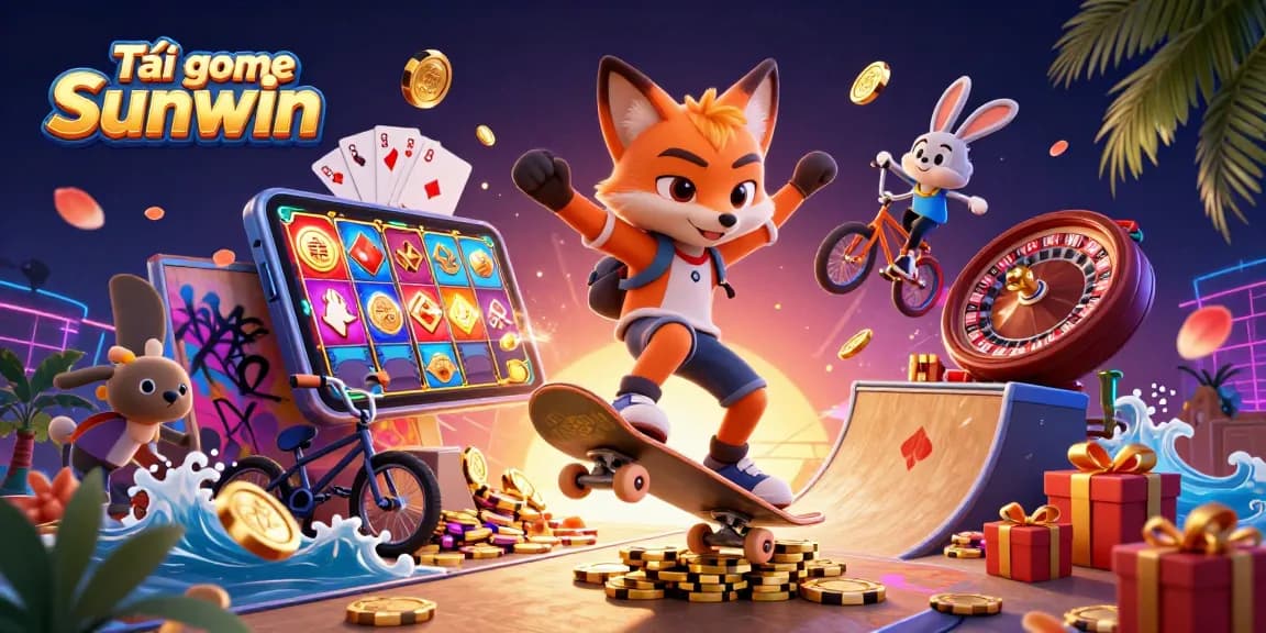 Tải game Sunwin with an energetic scene featuring a skateboarder fox and BMX rabbit in a vibrant casino setting.
