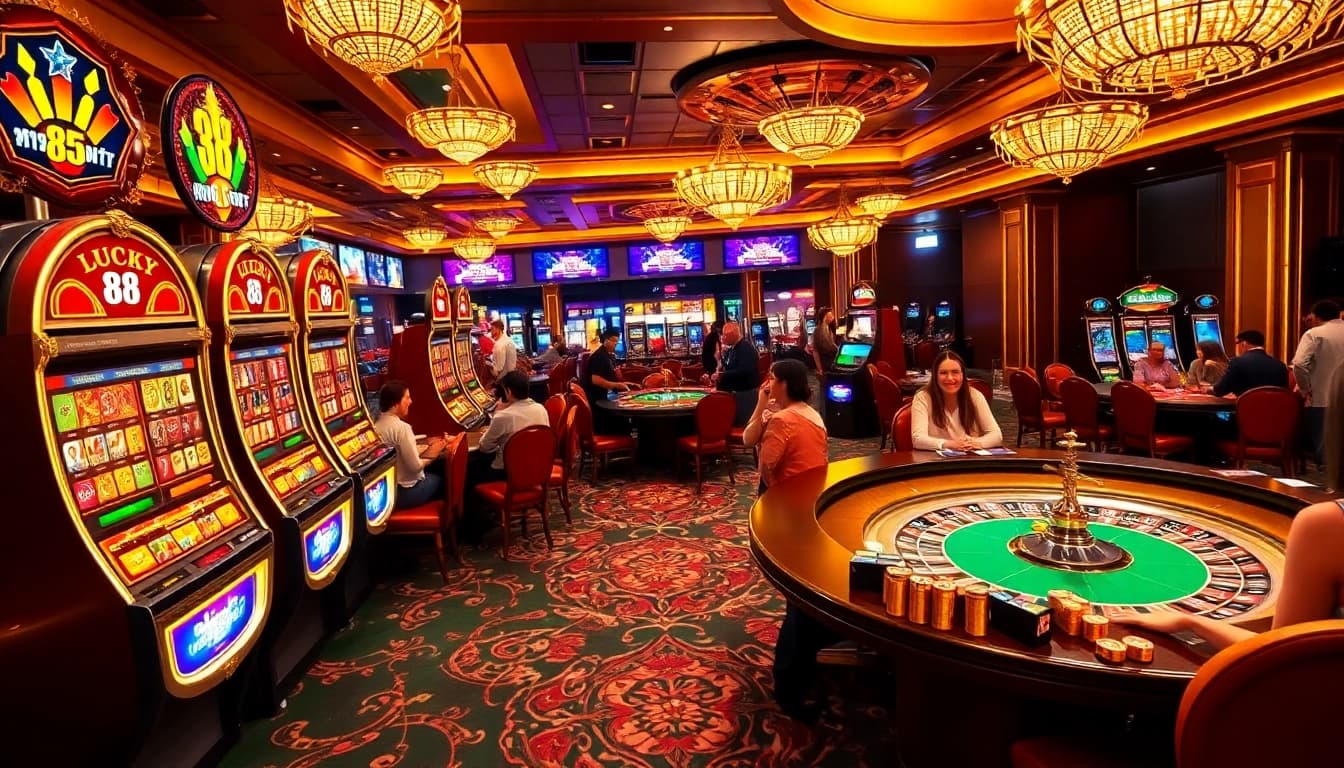Players enjoying games at https://lucky88.at/, featuring vibrant slots and golden casino lighting.