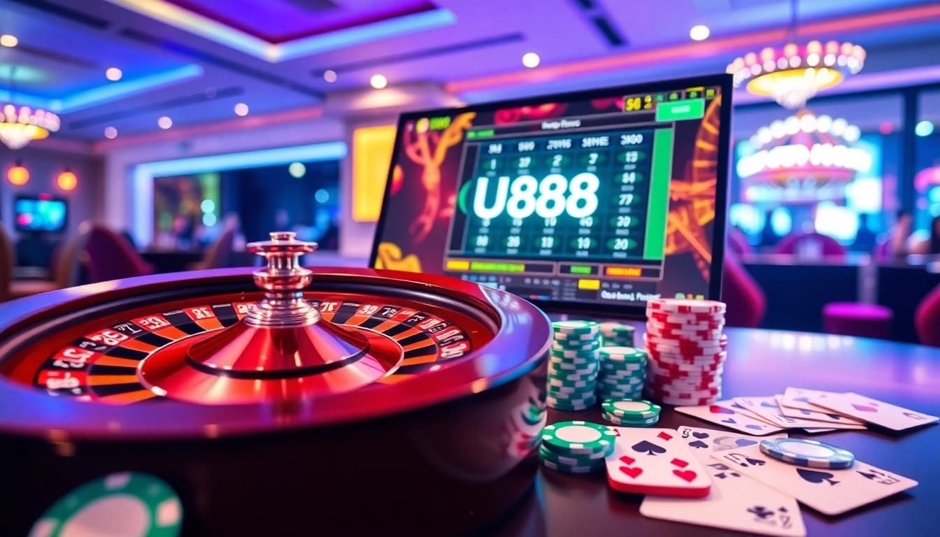A interface online da U888 apresenta atividades de jogo emocionantes com fichas de poker e rodas de roleta.