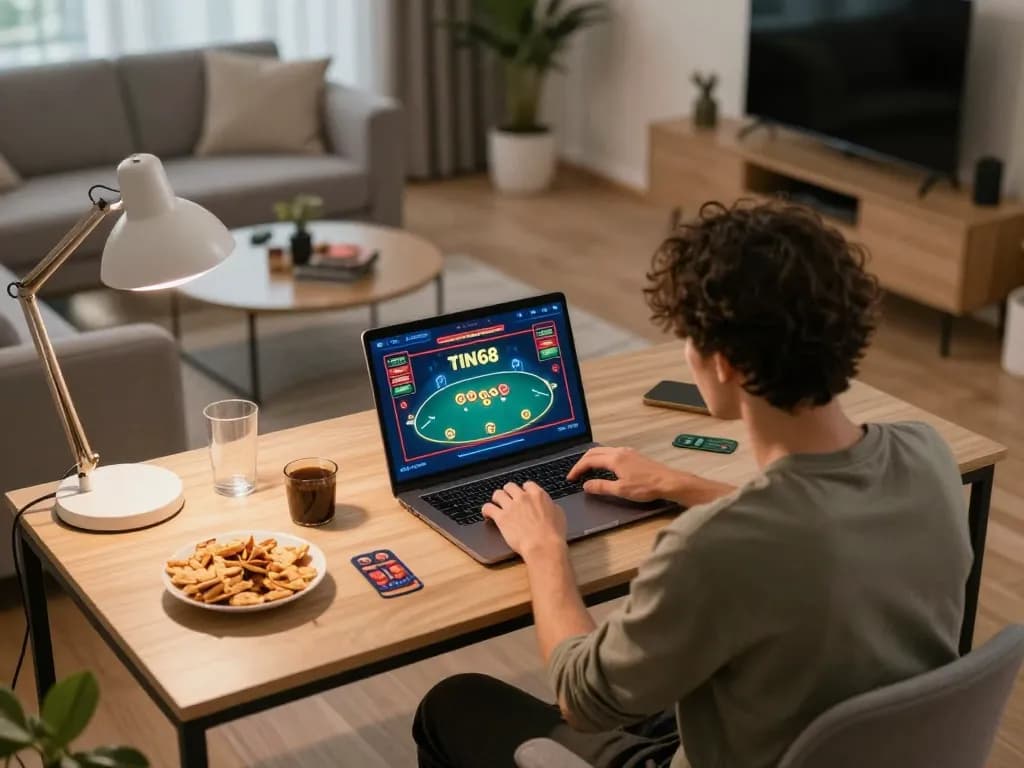 TWIN68 player enjoying an online game at home with snacks and a lively atmosphere.