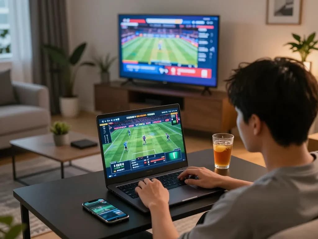 Person engaging in sports betting action through LODE88 on their laptop in a cozy home setup.