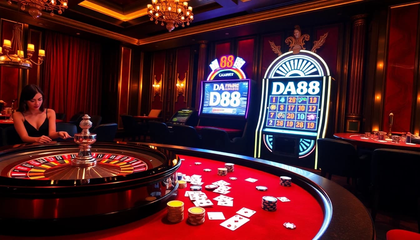 Experience the excitement of casino gaming at DA88 with roulette, poker chips, and strategic bets.