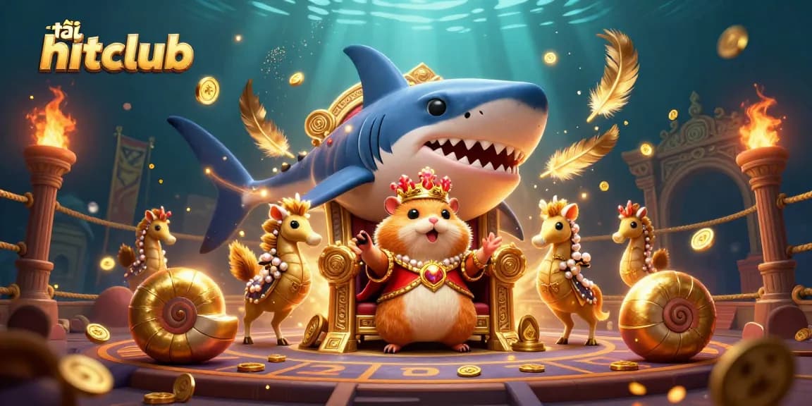 Engage with tải hitclub in a vibrant underwater casino scene featuring a brave hamster king and treasure.