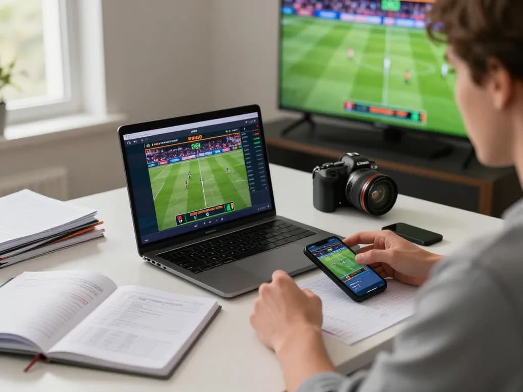 Engaging in tỷ lệ kèo nhà cái 5 sports betting analysis with laptop and smartphone.