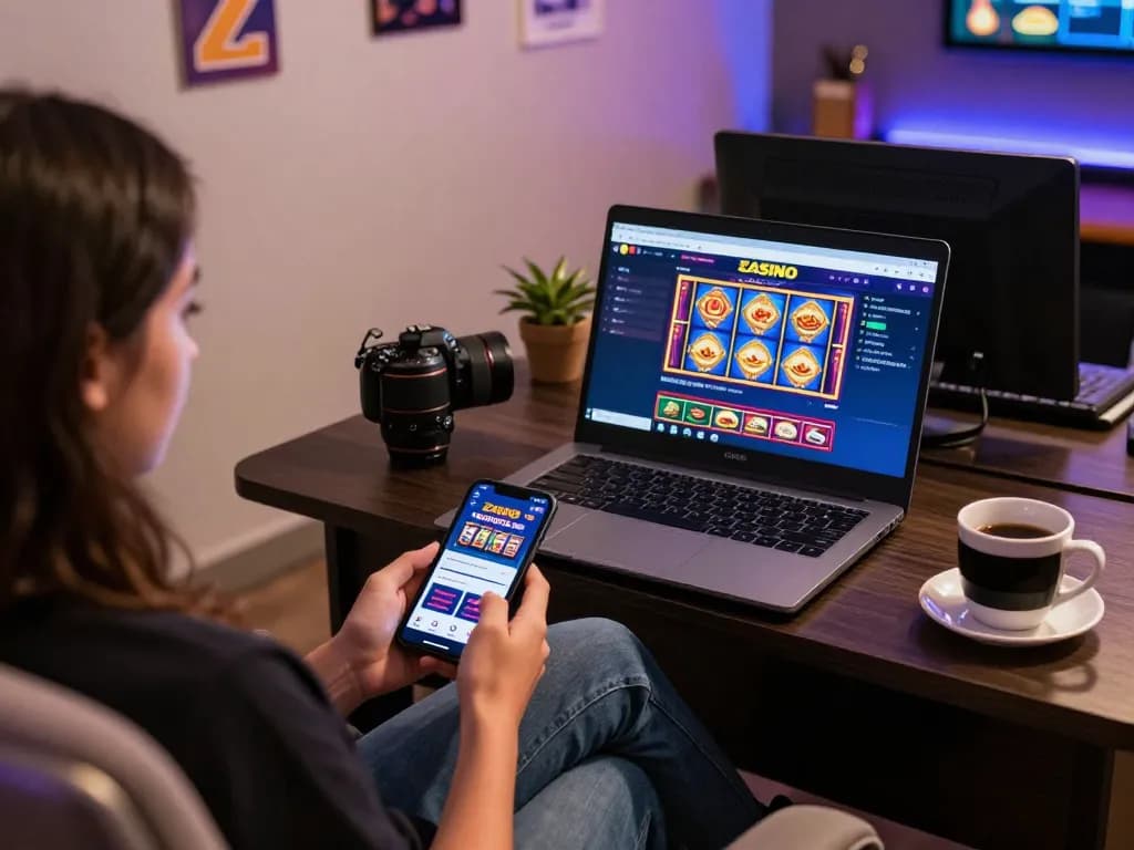 Playing exciting games at Zbet Casino on a laptop and smartphone in a cozy home setup.