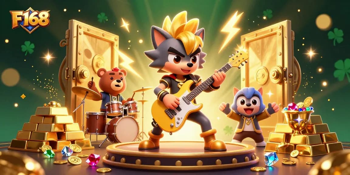 F168 showcases an electrifying casino scene with a rock star wolf and drummer bear amidst glowing treasures.