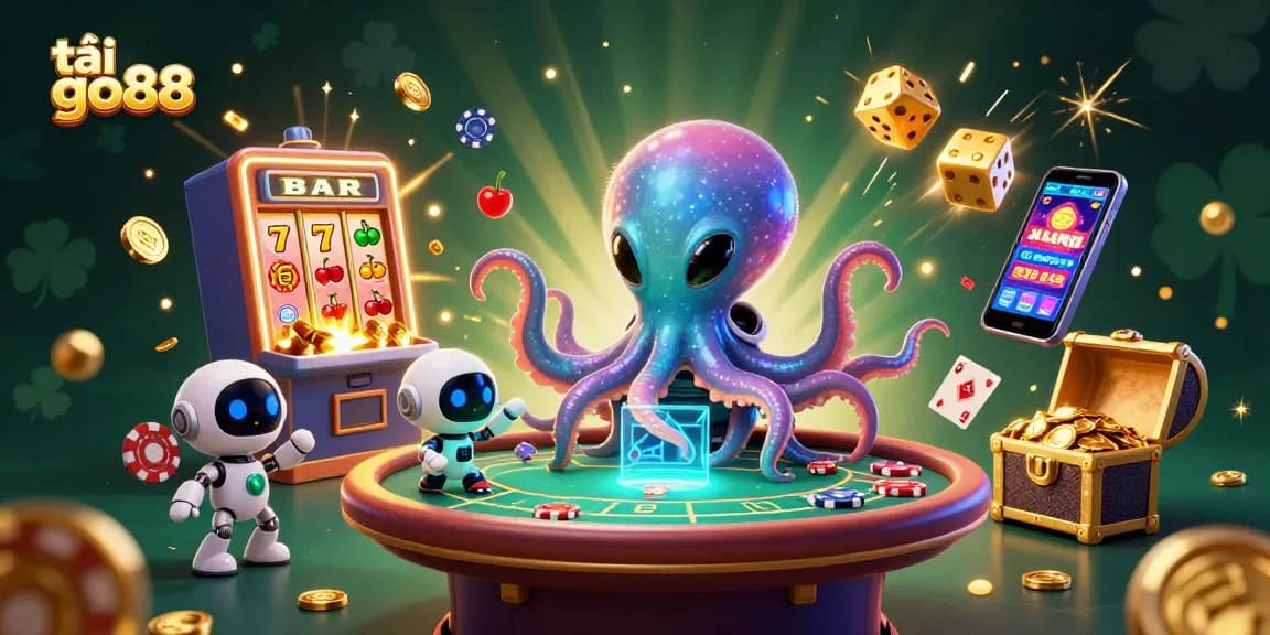 Engage in thrilling games with tải go88 as an alien octopus deals at a holographic poker table amidst casino chaos.