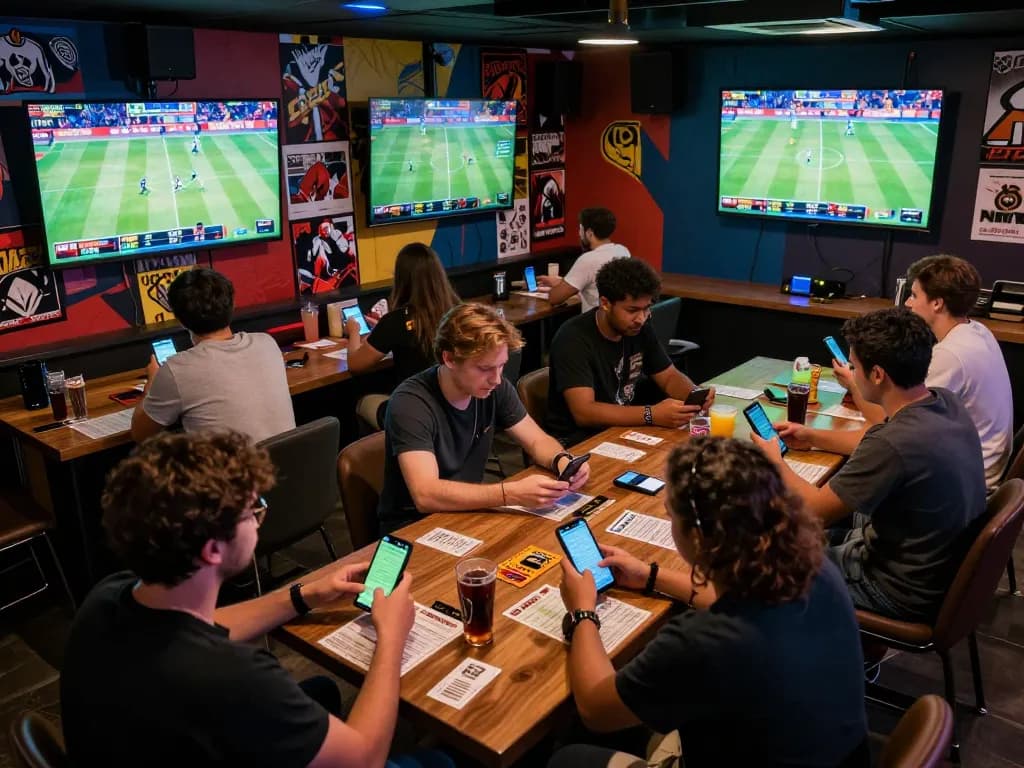 Engaging sports fans participating in live betting at VIN88 with screens and betting slips.