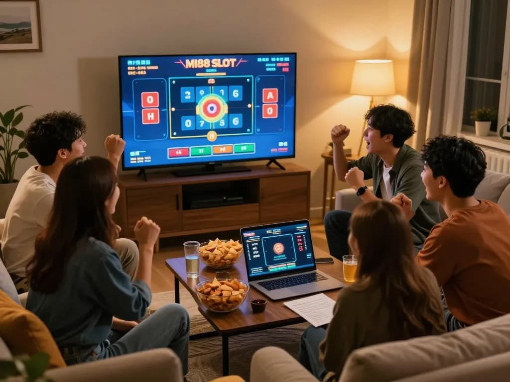 Friends celebrating a win while playing MI88 SLOT together in their cozy living room, emphasizing online gaming fun.