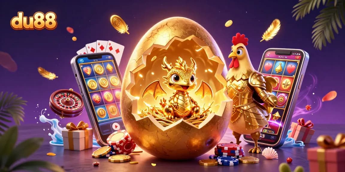 Win big at du88 with a golden dragon and poker chips amidst dynamic gambling elements.
