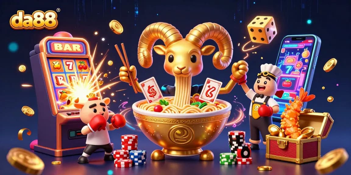da88 features a vibrant 3D illustration of characters celebrating wins in an exciting casino atmosphere.