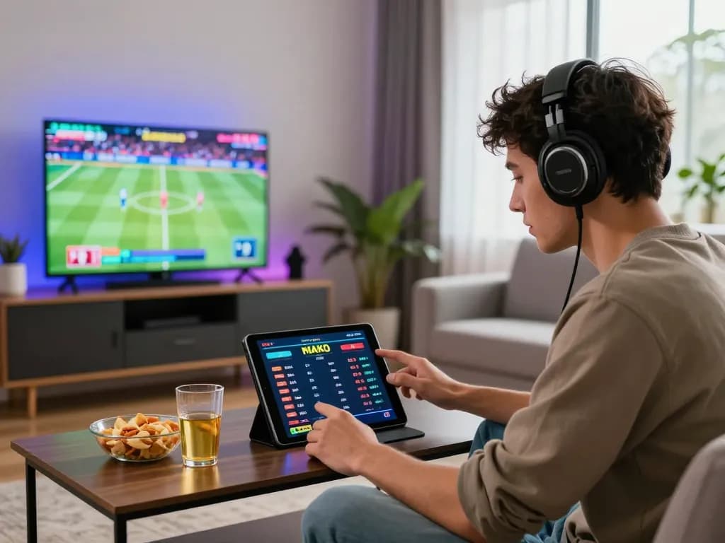 Interactive online betting experience at https://onbet.fyi/ with live sports display and modern home decor.