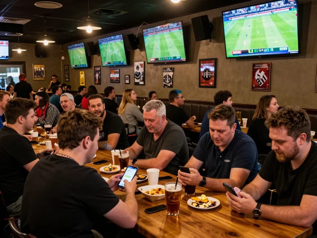 Para penggemar terlibat dalam taruhan Judi Bola selama pertandingan sepak bola langsung di bar olahraga yang ramai.