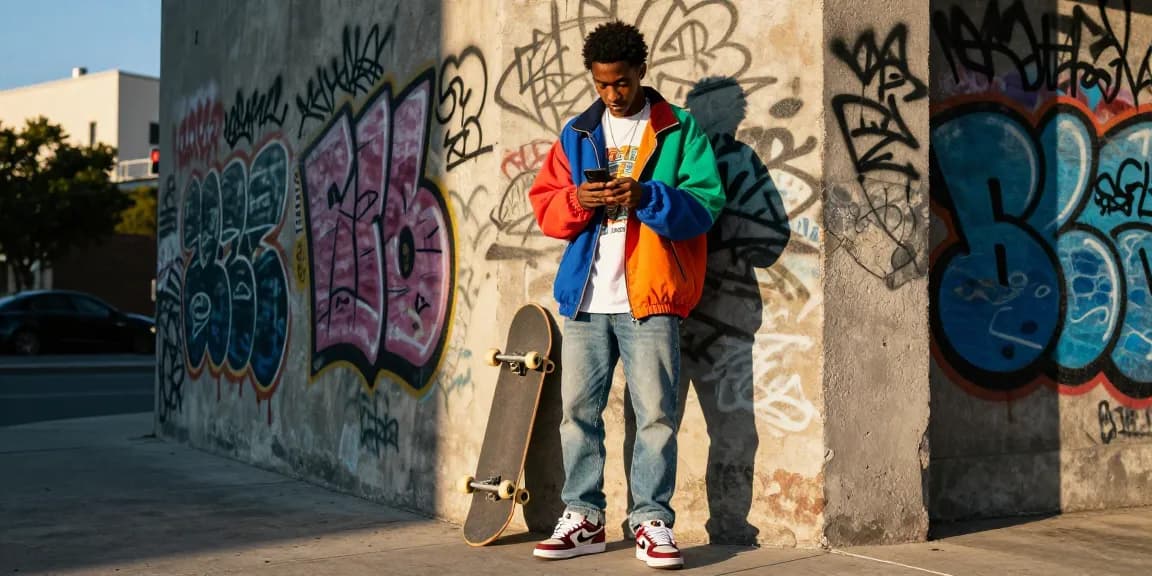 Fashionable individual in urban street style, showcasing vibrant oversized jacket and trendy accessories.
