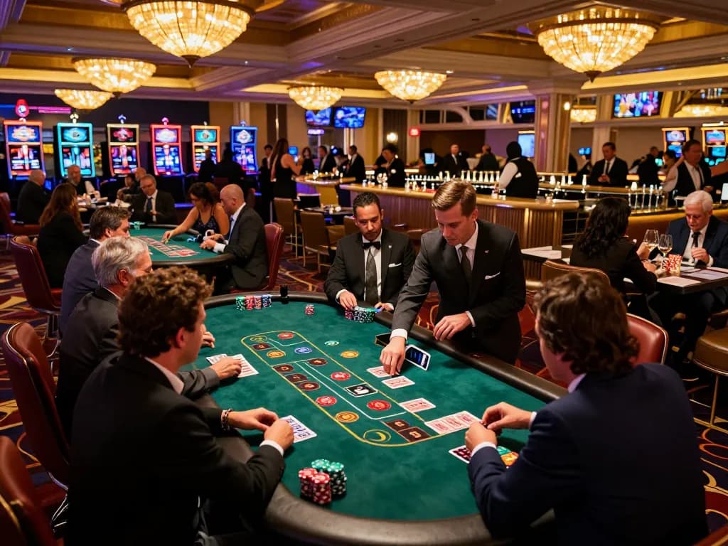 DABET HOA KỲ blackjack table bustling with players, showcasing the excitement of high-stakes gambling in a stunning Las Vegas casino.