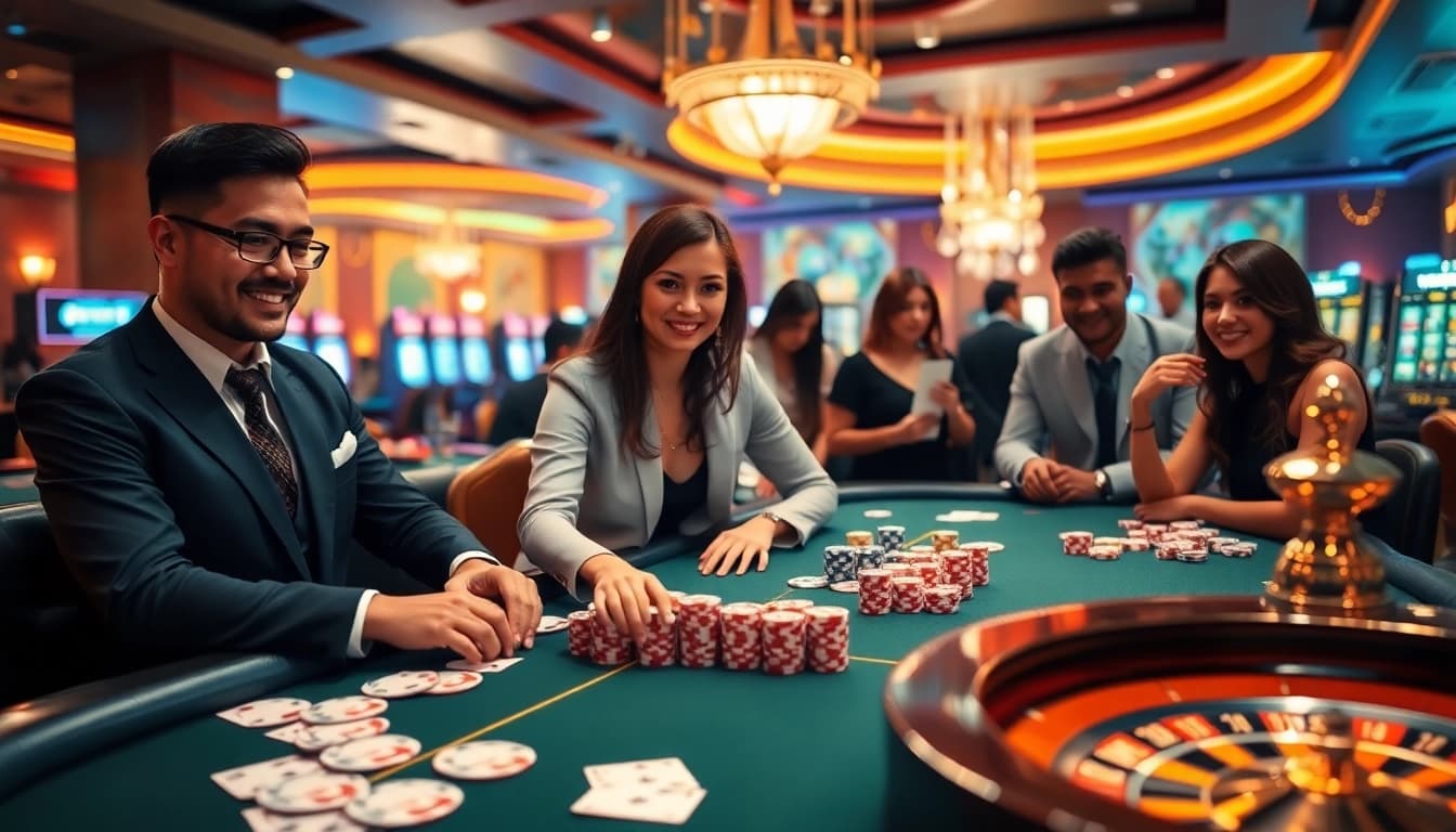 Experience excitement at https://9betb.com/ with a high-stakes poker game showcasing colorful chips and cards.