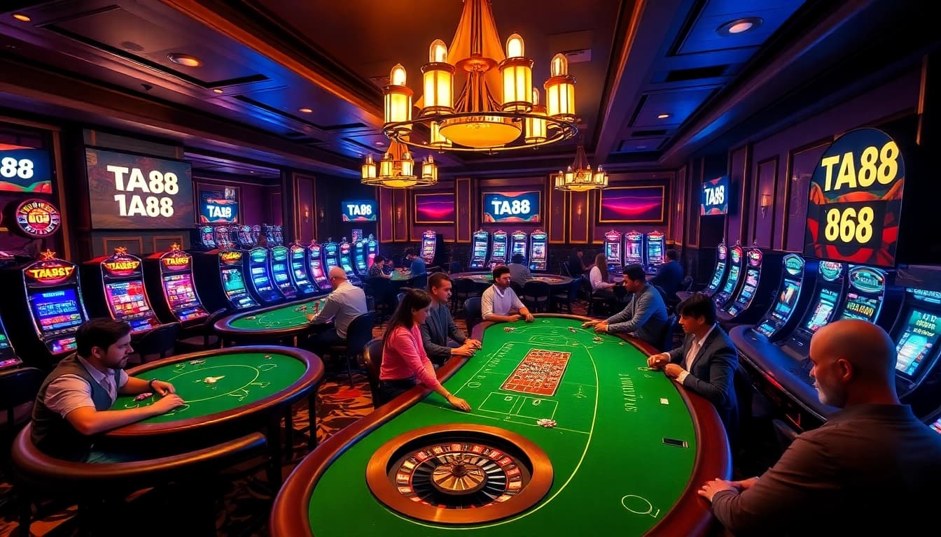 Exciting gaming action at TA88 online casino with vibrant tables, slots, and roulette wheel.