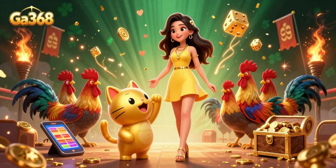 Join the excitement at Ga368's cockfighting arena, featuring animated characters and flying betting slips.