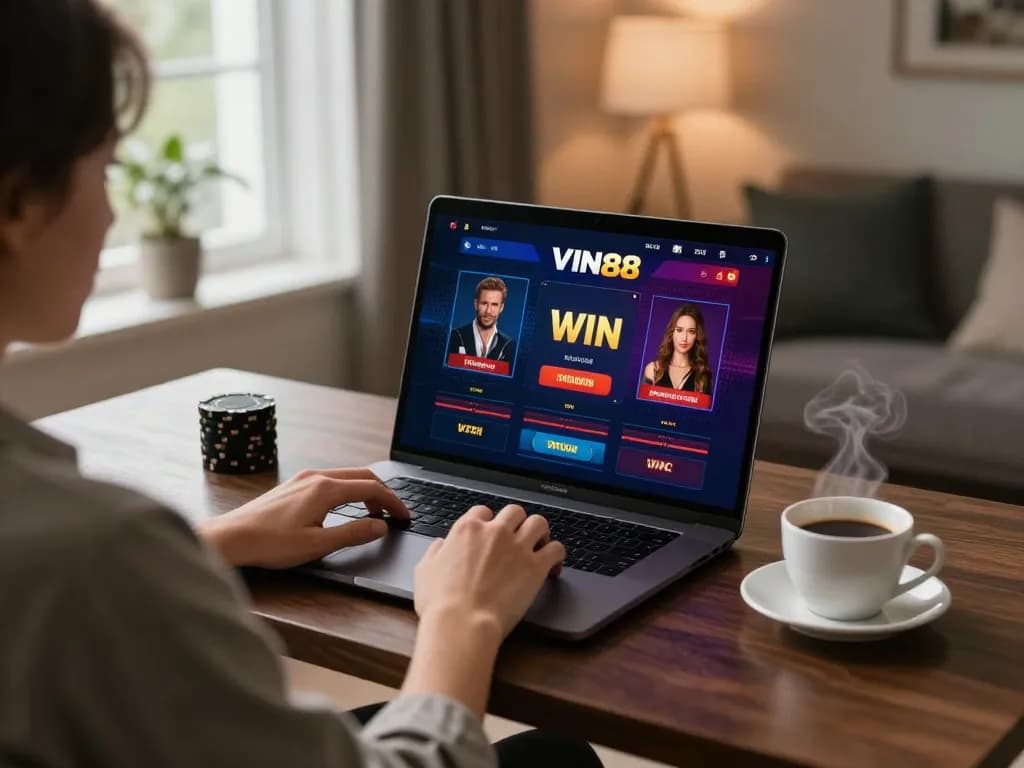 Engaged player winning on the VIN88 WIN casino interface at a cozy home desk setup.