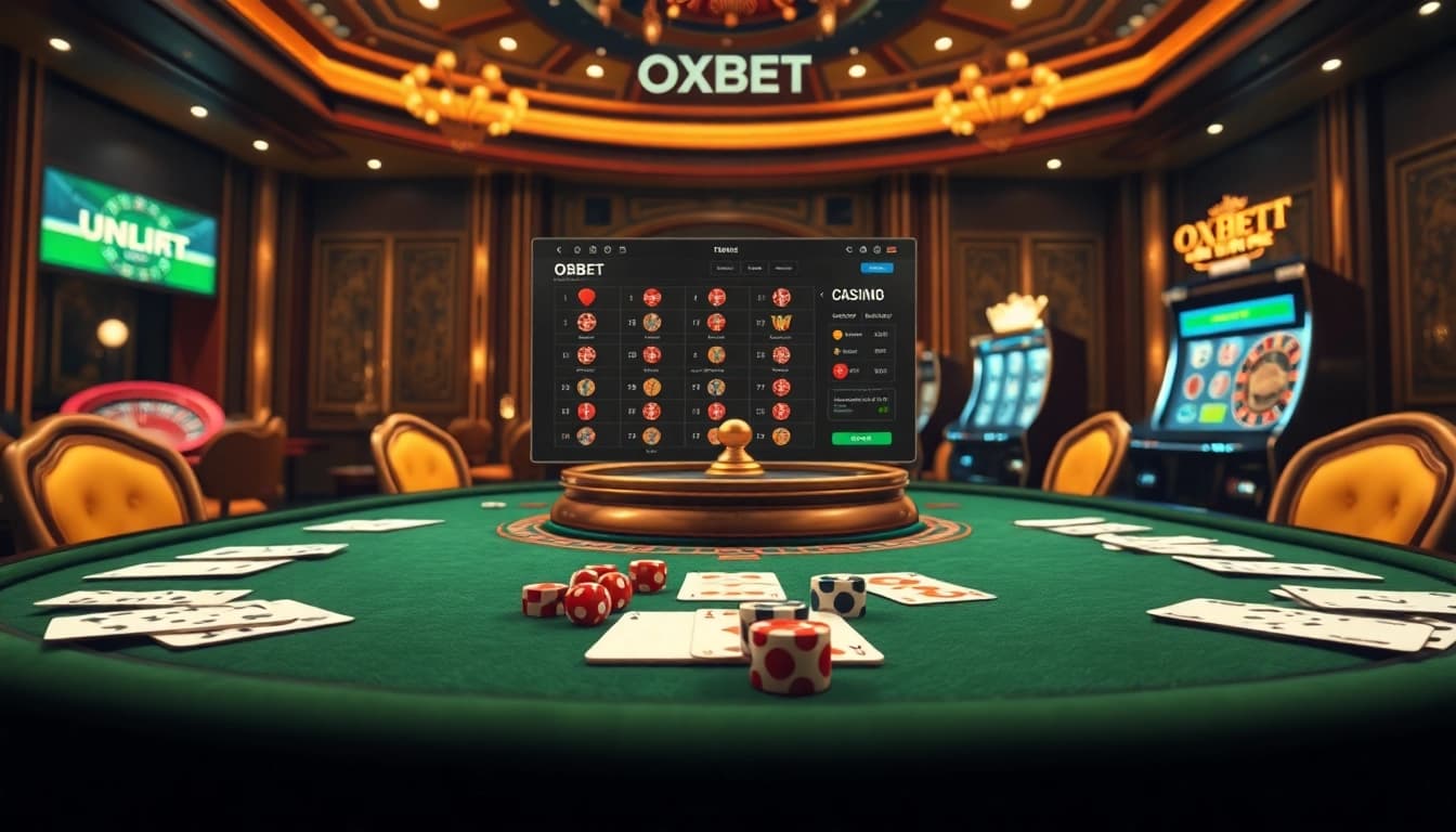 Experience the thrill of gambling at OXBET, featuring luxurious casino tables and engaging online betting interfaces.
