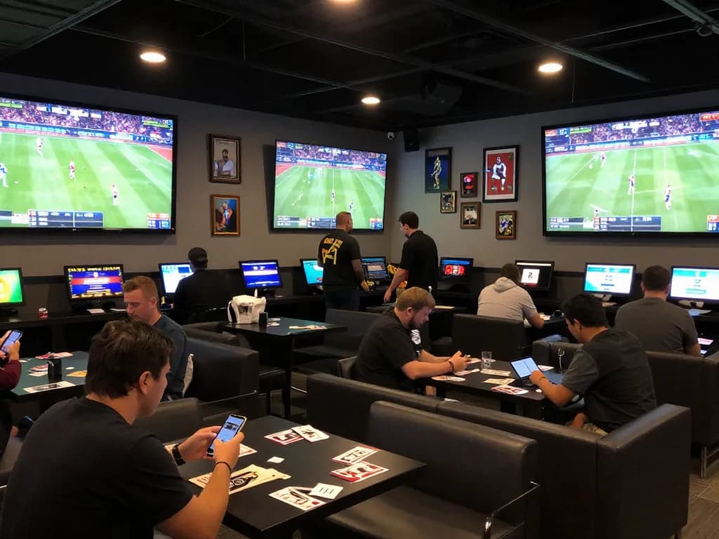 Kèo nhà cái hôm nay displayed on screens as patrons place bets in a lively sports betting lounge