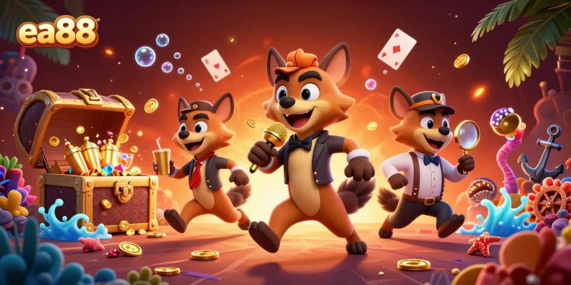 ea88 casino hyenas performing in a comedy club, surrounded by treasures and vibrant casino elements.